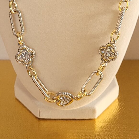 Silver and Gold Tone Necklace with Rhinestones. Glass Crystals. Toggle Clasp. - Picture 6 of 12
